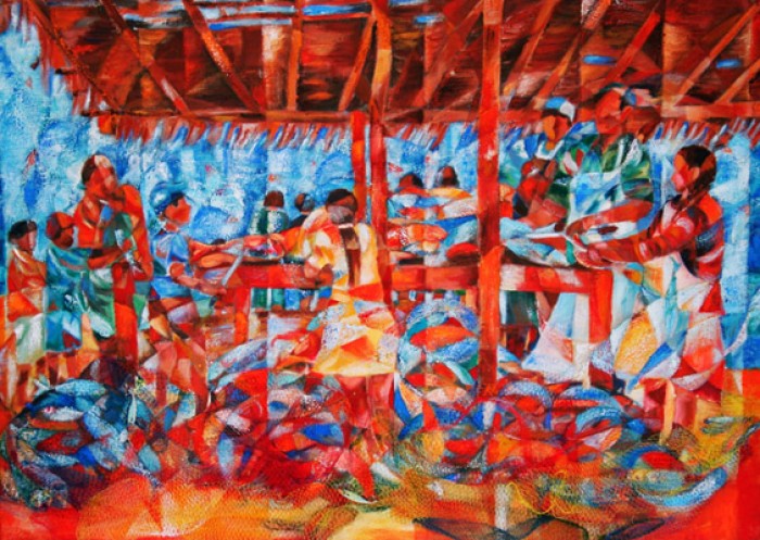 "Pescadores Esmeraldenos I"
Acrílico y témpera al óleo sobre lienzo,  incluidas mallas de frutas.
2004
